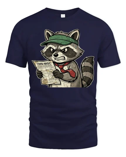 Furious Tax Season Raccoon 1099 Paperwork Funny Graphic Tee - navy t-shirt on white background