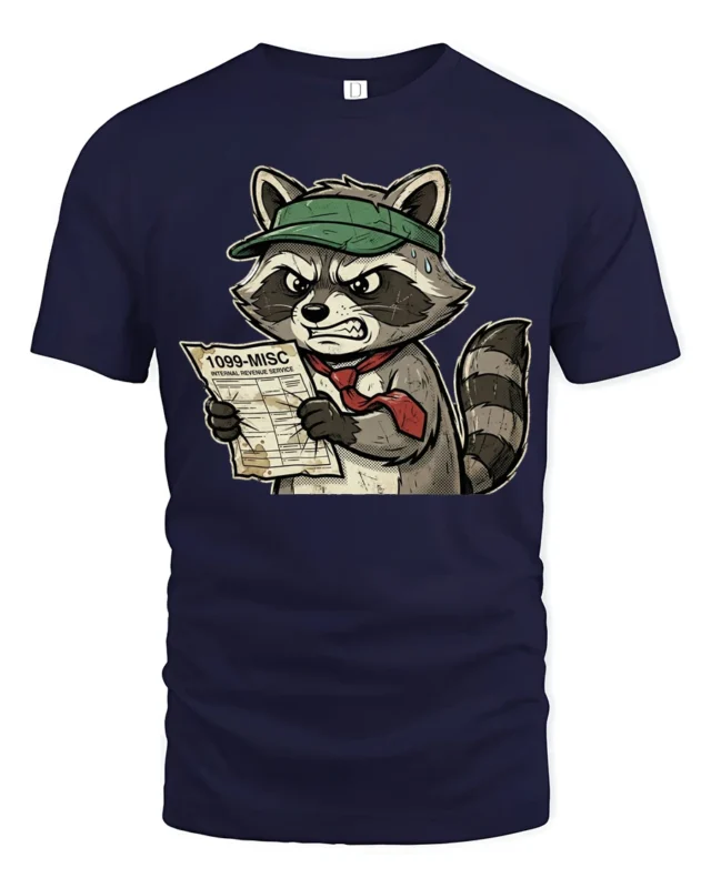 Furious Tax Season Raccoon 1099 Paperwork Funny Graphic Tee - navy t-shirt on white background