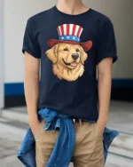 Patriotic Golden Retriever Dog Uncle Sam Hat Graphic Tee - model wearing navy tee with hands in pockets