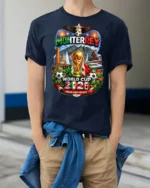 Monterrey Soccer Tournament 2026 Continental Championship Tee - model wearing navy tee with hands in pockets