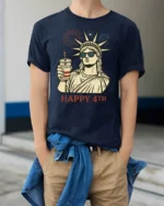 Lady Liberty Sunglasses Happy 4th Fireworks Graphic Tshirt - model wearing navy tee with hands in pockets