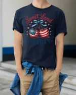 Charming Fruit Star Spangled Banner United States Soft Tshirt - model wearing navy tee with hands in pockets