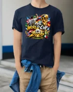 Global Football Tournament 2026 Continental Championship Tee - model wearing navy tee with hands in pockets