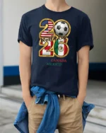 Tri Country Football Championship Emblem Multi Host Graphic Tee - model wearing navy tee with hands in pockets