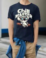 Koala Chill Master Relaxing Is A Full Time Job Graphic Tee - model wearing navy tee with hands in pockets