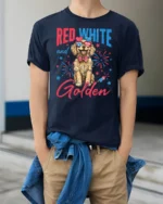 Cute Independence Day American Flag Bowtie Dog Soft Tshirt - model wearing navy tee with hands in pockets