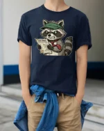 Furious Tax Season Raccoon 1099 Paperwork Funny Graphic Tee - model wearing navy tee with hands in pockets
