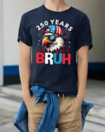 Patriotic Bruh Eagle Backward Hat Fireworks Graphic Tee - model wearing navy tee with hands in pockets