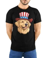 Patriotic Golden Retriever Dog Uncle Sam Hat Graphic Tee - model wearing black tee with hands behind back