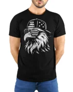 Monochrome Cool Eagle Backward Cap Patriotic Graphic Tshirt - model wearing black tee with hands behind back