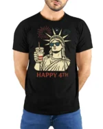 Lady Liberty Sunglasses Happy 4th Fireworks Graphic Tshirt - model wearing black tee with hands behind back