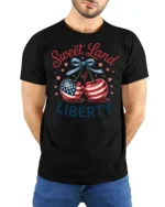 Charming Fruit Star Spangled Banner United States Soft Tshirt - model wearing black tee with hands behind back