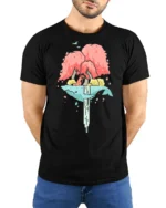 Dreamy Floating Whale Waterfall Island Fox Nature Graphic Tee - model wearing black tee with hands behind back