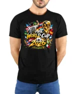 Global Football Tournament 2026 Continental Championship Tee - model wearing black tee with hands behind back