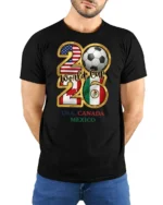 Tri Country Football Championship Emblem Multi Host Graphic Tee - model wearing black tee with hands behind back