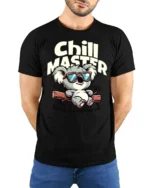 Koala Chill Master Relaxing Is A Full Time Job Graphic Tee - model wearing black tee with hands behind back