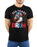 Patriotic Bruh Eagle Backward Hat Fireworks Graphic Tee - model wearing black tee with hands behind back