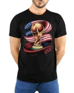 Glory Football Championship Trophy American Flag Graphic Tee - model wearing black tee with hands behind back
