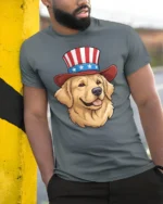 Patriotic Golden Retriever Dog Uncle Sam Hat Graphic Tee - model wearing grey tee, leaning on column