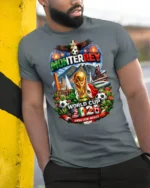 Monterrey Soccer Tournament 2026 Continental Championship Tee - model wearing grey tee, leaning on column