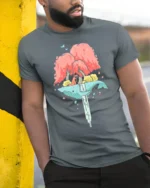 Dreamy Floating Whale Waterfall Island Fox Nature Graphic Tee - model wearing grey tee, leaning on column
