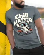 Koala Chill Master Relaxing Is A Full Time Job Graphic Tee - model wearing grey tee, leaning on column
