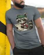 Furious Tax Season Raccoon 1099 Paperwork Funny Graphic Tee - model wearing grey tee, leaning on column