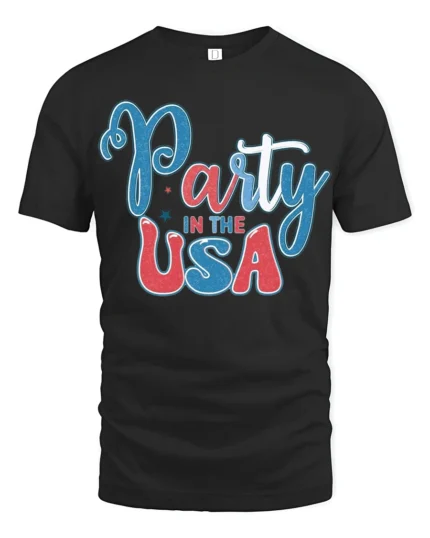 Festive Party In The USA Patriotic Typography Graphic Tee - black t-shirt on white background
