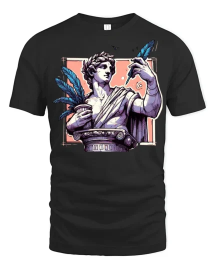 Creative Greek Statue Roman Column Feather Pen Graphic Tee - black t-shirt on white background