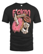 Ghoulish Fckin Donuts Skeleton Hand Dripping Glaze Graphic Tee - black t-shirt on white background