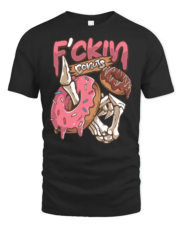Ghoulish Fckin Donuts Skeleton Hand Dripping Glaze Graphic Tee - black t-shirt on white background
