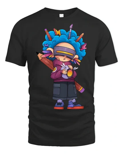 Creative Cyberpunk Artist Blue Hair Pencil Mascot Graphic Tee - black t-shirt on white background