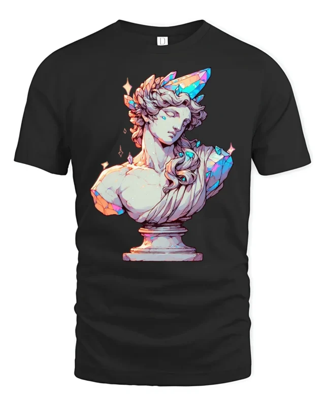 Luminous Crystal Greek Statue Pastel Shading Graphic Tee - black t-shirt on white background