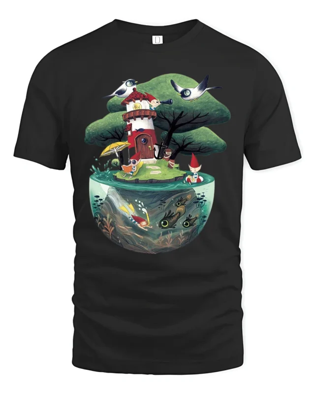 Enchanting Lighthouse Miniature Island Terrarium Graphic Tee - black t-shirt on white background