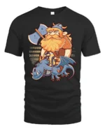 Fearless Viking Warrior Riding Blue Dragon Graphic Tee - black t-shirt on white background