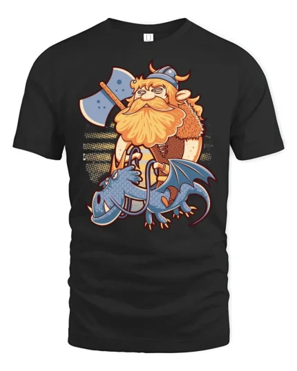 Fearless Viking Warrior Riding Blue Dragon Graphic Tee - black t-shirt on white background