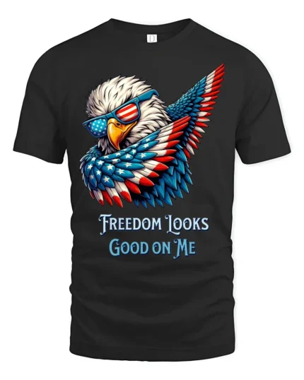Bold Patriotic Eagle Freedom Looks Good On Me Graphic Tee - black t-shirt on white background