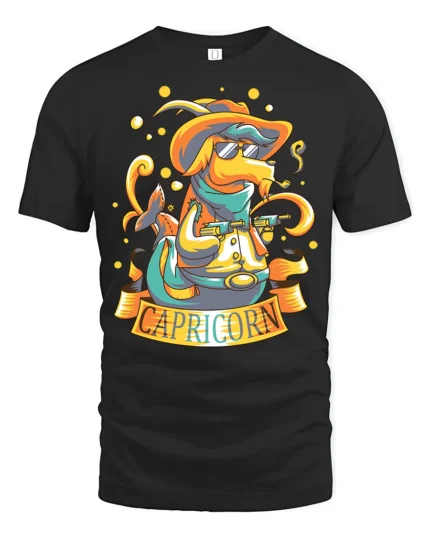 Funky Western Capricorn Sea Goat Zodiac Cowboy Graphic Tee - black t-shirt on white background