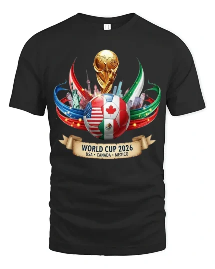 Dynamic World Cup 2026 United Host Nations Football Graphic Tee - black t-shirt on white background