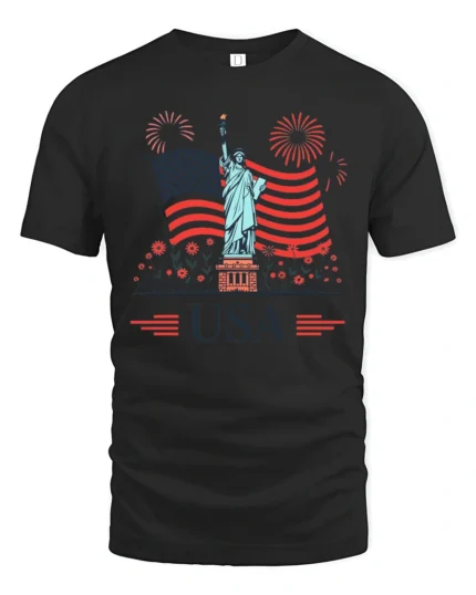 Historic Liberty Statue Fireworks Patriotic Graphic Tee - black t-shirt on white background