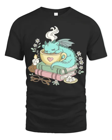 Adorable Cozy Sleeping Dragon Coffee Cup Graphic Tee - black t-shirt on white background