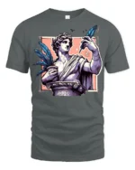 Creative Greek Statue Roman Column Feather Pen Graphic Tee - gray t-shirt on white background