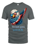 Bold Patriotic Eagle Freedom Looks Good On Me Graphic Tee - gray t-shirt on white background