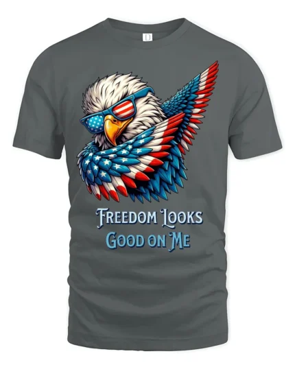 Bold Patriotic Eagle Freedom Looks Good On Me Graphic Tee - gray t-shirt on white background