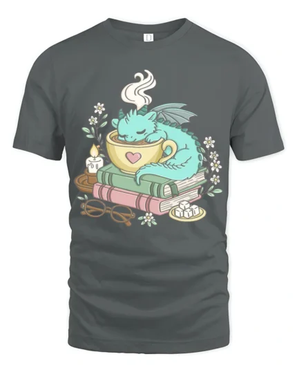 Adorable Cozy Sleeping Dragon Coffee Cup Graphic Tee - gray t-shirt on white background