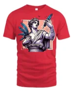 Creative Greek Statue Roman Column Feather Pen Graphic Tee - red t-shirt on white background