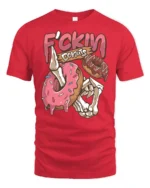 Ghoulish Fckin Donuts Skeleton Hand Dripping Glaze Graphic Tee - red t-shirt on white background
