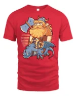 Fearless Viking Warrior Riding Blue Dragon Graphic Tee - red t-shirt on white background