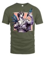 Creative Greek Statue Roman Column Feather Pen Graphic Tee - military green t-shirt on white background