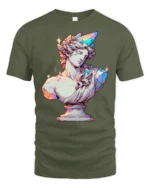 Luminous Crystal Greek Statue Pastel Shading Graphic Tee - military green t-shirt on white background